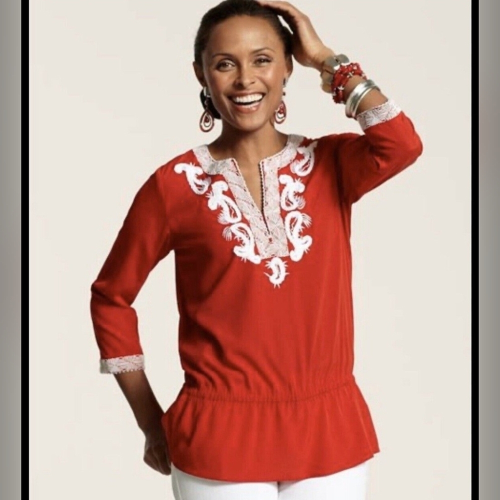 Chico's Red Tunic with Mandarin Collar and Embellished Cuffed Sleeves Size 1 ,M